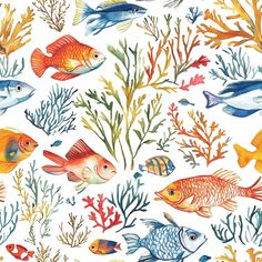 watercolor fish and seaweeds on white paper with blue, yellow, orange and red colors