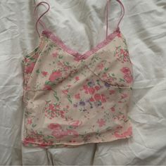 Purchased From The Vintage Twin In Nyc. Unworn By Me. Super Dainty And Adorable Top! Cute Pink Cami Tank Top, Cute Printed Pink Top, Pink Floral Print V-neck Tank Top, Fitted Printed Pink Tank Top, Cute Pink Printed Tops, Fitted Pink Printed Tank Top, Cute Pink V-neck Top, Cute Floral Print Camisole Top, Pink Floral Print Camisole Top