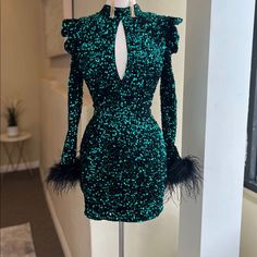 Emerald Green Dress Bodycon Mini Dress Feather Dress Size Small New Unworn Feather Trim On Sleeves Free Shipping Loves Just Please Make Sure Your Address Is Correct Before Purchasing #Glam #Holidaydress Glamorous Feather Trim Dress For Date Night, Glamorous Dresses With Feather Trim For Date Night, Glamorous Date Night Dress With Feather Trim, Fitted Feather Dress For Party, Long Sleeve Feather Mini Dress For Party, Glamorous Green Dinner Dresses, Feathered Fitted Dresses For Night Out, Holiday Cocktail Dress With Feathers, Feathered Cocktail Dress For Holidays