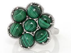 6mm Round Cabochon Malachite Rhodium Over Sterling Silver Ring. Measures Approximately  0.81"L x 0.83"w. Not Sizeable. Green Round Cabochons For Anniversary, Nickel Free Green Jewelry With Round Stone, Nickel-free Green Jewelry With Round Stone, Round Cabochon May Birthstone Jewelry, Green Malachite Cabochon Jewelry, Malachite Round Gemstone Jewelry, Round Malachite Gemstone Jewelry, Silver Round Malachite Jewelry, Adjustable Green Jewelry With Polished Finish