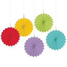 four different colored paper fans hanging from strings