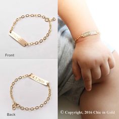 two different images of a child's bracelet with name tags on the clasps