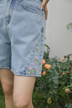 Tulip Tips Embroidered Shorts (Light Denim) Tulip Tips, Colorful Fashion