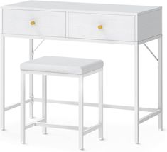 a white desk with two stools and a drawer on the top one is open