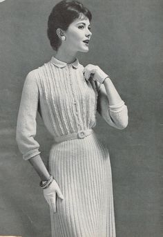 PDF downloadable knitting pattern A classic dress knitting pattern from 1956 featuring a ruffle front yolk, collar, matching belt and coordinating sleeve cuffs.   This is a PDF of the original pattern.  Once purchase is complete, the file is available thru download here on Etsy and you can print at home! Files will also remain stored in you etsy account. Happy Knitting!! Dress Knitting Pattern, Dress Knitting, Knitwear Sweater, 50s Dresses, Classic Dress, Vintage Knitting, Skirt Pattern, 50's Dress, Knitting Pattern