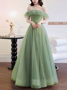 Cottage Core Prom Dress Green, Sage Green Tulle Prom Dress, French Formal Dress, Sleeveless Green Ball Gown For Evening, Sleeveless Green Evening Ball Gown, Sleeveless Green Ball Gown For Party, Green Summer Evening Dress For Banquet, Green Tulle Party Dress, Green Tulle Dress For Party