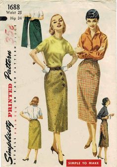 "1950's Simplicity 1688 Vintage Sewing Pattern Misses' Wrap-Around Skirt: Slim, versatile \"Wonderful Whiz-Wrap\" skirt is \"Simple-to-Make\" and can be worn with buttons in front or in back. Skirt is fitted with darts at the waistline. The skirt may be lined. Waist: 25 Hip: 34 Copyright: 1956 Pattern is: Uncut, factory folded Envelope condition: Lightly tanned; some very light wear to outer edges NOTE: This is the original pattern, not a PDF or a reproduction. Not your size....Here is a link th Vintage Full Skirt With Buttons, Fitted Vintage Mini Skirt, Fitted Vintage Skirt For Vintage Fashion, Vintage Full Skirt For Daywear, Vintage Lined Skirt For Daywear, Vintage Fitted Skirt With Buttons, Fitted Vintage Skirt With Buttons, Retro Fitted Skirt For Daywear, Fitted Retro Skirt For Daywear