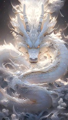 a white dragon with orange eyes sitting on top of a body of water in front of clouds