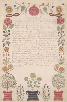 an old manuscript with flowers and vases on the bottom, in front of a white background