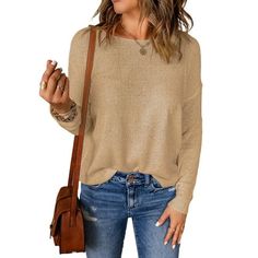 Light Fall Sweaters, Stretch Solid Color Crew Neck Sweater, Casual Beige Knit Sweatshirt, Brown Crew Neck Sweater In Solid Color, Brown Crew Neck Sweater, Beige Long Sleeve Sweater, Brown Solid Color Crew Neck Sweater, Beige Stretch Casual Sweater, Crew Neck Fall Sweater