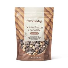 a bag of peanut butter chocolate trail mix on a white background with the words favorite day