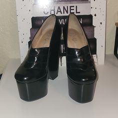 Jeffrey Campbell Platform Wedge Says Sz 7.5, Fits More Like A 6/6.5 I'm Like 90% Sure These Shoes Are Mismarked For 7.5. These Are Small Like A 6/ 6.5 **Putting Them At 6 Black Platform Court Shoes With Pointed Toe, Synthetic Platform Court Shoes With Round Toe, Platform Heels Slip-on Medium Width, Black Chunky Platform Slip-on Heels, Black Pointed Toe Platform Loafers For Party, Patent Leather Wedge Heels With Reinforced Heel, Classic High Heel Platform Heels, Synthetic Wedge Heels For Formal Occasions, High Heel Patent Leather Platform Loafers For Formal Occasions