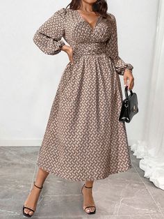 Plus Size Casual Allover Print V-Neck Cinched Waist Midi Dress, Autumn Khaki Casual  Long Sleeve Chiffon Geometric,All Over Print,Textured Pattern A Line Slight Stretch  Women Plus Clothing, size features are:Bust: ,Length: ,Sleeve Length: Silk Stockings, Dress Autumn, Lantern Sleeve Dress, Chiffon Long Sleeve, Versatile Dresses, Kids Sleepwear, Boho Women, Inspiration Mode, Plus Size Casual