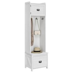 a white cabinet with a hat and coat rack