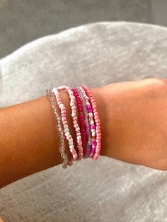 Seed bead bracelet pink choose which one you want Need Bracelets, Pastel Bracelet, Seed Bead Bracelet, Gold Bead Bracelets, Pink Clay, Bead Bracelets, Seed Bead Bracelets, Pink Beads, Bead Jewelry