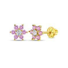 A glimmering cluster of gems makes up this sparkly flower creation! These are classic CZ flower earrings for little girls with bright cubic zirconia stones on the petals and center. Crafted entirely of 14k yellow gold, these kids earrings look elegant and suitable for children with sensitive ears. These gold toddler earrings are excellent for any special occasion or for everyday wear. They feature a secure safety screw back with threaded earring post to ensure these girl's 14k earrings always st Toddler Earrings, Earrings For Girls, Kids Earrings, Earring Post, Girls Earrings, Screw Back Earrings, Sensitive Ears, These Girls, Flower Earrings