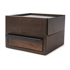 a wooden box with a drawer on the front and one drawer open to show it's contents