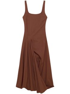 chocolate brown cotton blend ruched detailing square neck sleeveless flared hem mid-length Cotton Midi Dress With Ruched Square Neck, Cotton Midi Dress With Square Neck And Ruched Detail, Brown Sleeveless Dress With Ruched Bodice, Elegant Brown Ruched Midi Dress, Chic Brown Dress With Square Neckline, Chic Brown Square Neck Dress, Brown Ruched Midi Dress, Brown Square Neck Midi Dress, Midi Dress Brown