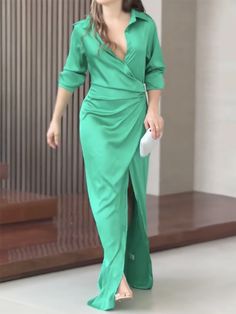 Sku CY-!132818 Material Dacron Style Long Sleeves Feature Split-side , Solid Color Neckline Lapel Collar Occasion Going out , Casual , Vacation Seasons Spring , Summer , Autumn Type Maxi Dresses , Shirt Dress Color GREEN Size S,M,L,XL Please consult the size chart we provide for this item's measurements to help you decide which size to buy.Please note: There may be 1-3cm differ due to manual measurement. CMINCH Bust Waist Shoulder Sleeve Length S 88 70 39 59 142 M 92 74 40 60 143 L 96 78 41 61 144 XL 100 82 42 62 145 Fitted Green Solid Color Dresses, Fitted Green Dress Solid Color, Elegant Kelly Green Dresses For Spring, Elegant Kelly Green Spring Dresses, Green Solid Color Evening Dress, Green Solid Color Party Maxi Dress, Formal Green V-neck Maxi Dress, Formal Dark Green V-neck Dress, Dark Green Fitted Long Sleeve Dress