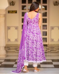 Cotton Dress Set - Purple Colored Dabu Print - www.riafashions.com Diwali Dress, Cotton Anarkali Suits, Colourful Dress, Diwali Dresses, Dabu Print, Cotton Anarkali, Dresses Traditional, Long Dress Design, Indian Dresses Traditional