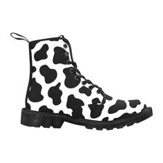 Our Cow Print Women's Boots, the perfect combination of style and sustainability. Made with vegan canvas, these lace-up shoes feature a unique cow print design that adds a touch of the farm to your wardrobe. With a comfortable ankle height and versatile black and white color scheme, these boots are perfect for any winter occasion. Show your love for animals and the environment with these custom-designed boots. These women's tactical combat boots feature our custom design with a classic black sol Cow Print Design, Black Gums, Boot Types, Black And White Color, Up Shoes, Black And White Colour, Winter Casual, Cow Print, Black Rubber