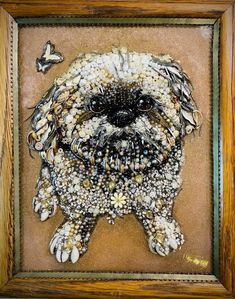 DOG PORTRAIT, FRAMED JEWELRY ONE OF A KIND ART, UNIQUE GIFT, HOME DECOR Costume Jewelry Art, Jeweled Picture, Old Jewelry Crafts, Initial Art, Framed Jewelry, Jewelry Frames, Vintage Jewelry Art, Beaded Jewlery, Crushed Glass