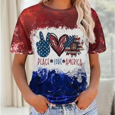 Red White And Blue Peace, Love, America T-Shirt Patriotic Multicolor Short Sleeve T-shirt, Casual Crew Neck T-shirt With Flag Print, Blue T-shirt With American Flag Print For Spring, Red Crew Neck Top With Print, Red Crew Neck Printed Top, Red Printed Crew Neck Top, Casual Red T-shirt With American Flag Print, Multicolor Flag Print Casual T-shirt, Red Tops With American Flag Print For Spring