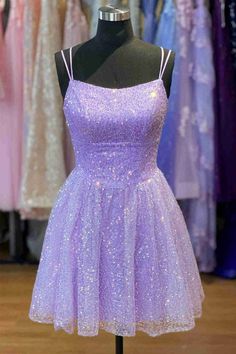 Double Straps Lavender A-Line Short Homecoming Dress with Sequin Front Side Purple Spaghetti Strap Dress With Corset Back, Cocktail Dress Classy Elegant, Tulle Cocktail Dress, Cocktail Dress Classy, A Line Shorts, Short Homecoming Dress, Different Dresses, Note Box, Prom Wedding