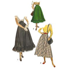 "40s Skirt Pattern The softly flared skirt is cut in four sections. In Style 1 and 2, an applied ruffle trims the lower edge. Style 1 is the ballerina length. Embroidered ruffling outlines the ruffle and a shaped waistband finishes the skirt. Styles 2 and 3 feature plain waistbands. Offered here as: Paper Pattern and the Original pattern.  Skill Level: Intermediate Size Guide: Waist Sizes: 24\" (61cm) Hip: 31\" (78.7cm) Finished Length of Style 1: 30\" (76.2cm) Style 2 or 3: 27 ½\" (69.8cm) Widt Fitted A-line Skirt With Ruffles, Fitted Vintage Ruffled Skirt Bottoms, Vintage Fitted Ruffled Skirt Bottoms, A-line Skirt With Ruffles, Vintage Fitted Bottoms With Ruffled Skirt, Fitted Vintage Bottoms With Ruffles, Vintage Petticoat With Ruffled Skirt For Costume, Vintage Gathered Skirt For Costume, Vintage Costume Gathered Skirt