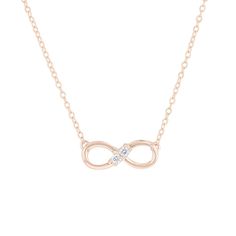 Complete your look of timeless elegance with this 'Always & Forever' Infinity Diamond Necklace! Crafted with two round brilliant diamonds nestled together in a 14 karat gold infinity symbol, it hangs perfectly on an 18 inch chain. Perfect for layering or wearing solo, 1/10 carat of diamonds will make sure you shine, always and forever! Elegant Rose Gold Infinity Necklace, Rose Gold Infinity Jewelry With Diamond Accents, Timeless Infinity Diamond Jewelry, 14k Gold Infinity Jewelry With Diamond Accents, Infinity Necklace With Diamond Accents For Formal Occasions, Formal Infinity Necklace With Diamond Accents, Infinity Shape Fine Jewelry Necklace For Formal Occasions, Infinity Necklace With Diamond Accents, Elegant 14k Gold Infinity Necklace