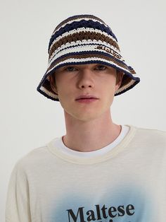 This is a trendy and casual bucket hat by WAIKEI that is made out of high quality and sturdy material. With distinctive mood of the design and clean yet unique look, you can style it for your trendy daily outfit.- Crochet knit fabric suitable for summer- Hand logo embroidery on the left hem- Unique stripe pattern overall Navy Casual Beanie Hat, Navy Casual Bucket Hat For The Beach, Navy Casual Bucket Hat For Beach, Casual Navy Bucket Hat For Beach, Bucket Hat Crochet Men, Casual Navy Brimmed Bucket Hat, Navy Casual Bucket Hat, Navy Bucket Hat With Short Brim, Navy Casual Bucket Hat With Short Brim