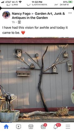 a facebook post with an image of a tree made out of birdhouses on the side of a building