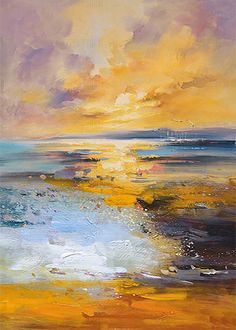 an abstract painting of the sun setting over water with yellow, blue and white colors