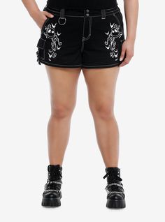 Jack Skellington is here to make sure you're rocking that Halloween Town style into summer! These black shorts feature printed designs on the front of Jack's face  bats and filigree. Comes with hip  back and cargo pockets. Complete with an elasticated waistband with snap-button and zipper closures.100% cottonWash cold; dry lowImportedModel is 5'10''Model wears size 1 The Nightmare Before Christmas Jack, Christmas Jack Skellington, Shorts Plus Size, Nightmare Before Christmas Jack, Dream Outfits, The Nightmare Before Christmas, The Nightmare, Halloween Town, Jack Skellington