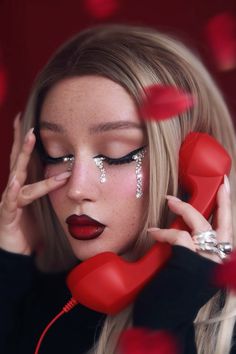 #valentinesmakeup #editorialmakeup #crystalmakeup #sireneyes #graphicliner #aestheticmakeup #redmakeup #beautyeditorial #vdaymakeup Dior Liquid Lipstick, Gucci Blush, Brow Glue, Makeup Colorful, Valentines Makeup