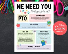 a poster with the words we need you on it next to school supplies and pens