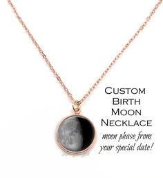 "Tell us a date that is special to you (birthday, anniversary, etc) and we'll create a moon phase charm from that night. Perfect gift for Mom or Grandma for Mother's Day, Wife or Girlfriend for Valentine's Day, Daughter for her birthday, etc! IMPORTANT: Please leave your dates in the \"notes to seller\" at check out. Please include the dates in these two formats to help ensure accuracy, example: January 28, 2005 & 01/28/2005 (MM/DD/YYYY). We use specific moon phase charts to calculate the bi Rose Gold Moon Phase Jewelry In Sterling Silver, Rose Gold Sterling Silver Moon Phase Jewelry, Rose Gold Moon Necklace With Moon Charm, Rose Gold Moon Charm Necklace, Minimalist Moon Shaped Jewelry For Gifts, Minimalist Moon-shaped Jewelry For Gifts, Rose Gold Jewelry For Mother's Day Birthday Gift, Minimalist Moon Shaped Jewelry Gift, Minimalist Moon Phase Round Pendant Jewelry