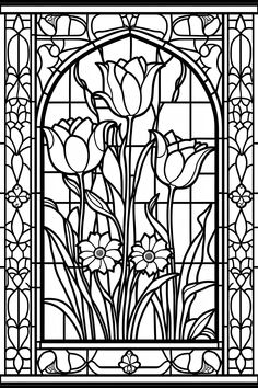 a stained glass window with tulips in the center and flowers at the bottom