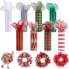 christmas presents wrapped in red, white and green ribbons with bows on them next to wreaths