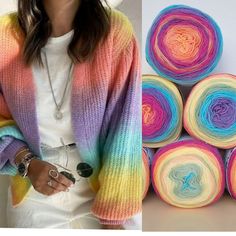 a woman standing next to stacks of yarns and a photo of the same item