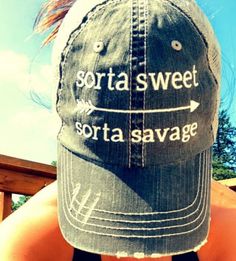 ✧ Sorta Sweet Sorta Savage Trucker Hat ✧ This hat will get you a ton of compliments, guaranteed! Trendy and comfortable, you're going to want to wear this hat everywhere.  * 100% herringbone cotton front, 100% polyester mesh back * Unstructured, six-panel, low-profile * Pre-curved fray visor with contrasting undervisor; Velcro closure * Designed and embroidered in the USA ► Estimated delivery: 4-7 business days (ships from Houston, TX) Our online customer reviews confirm that this hat is very well fitted and lightweight.  ♥ JOIN THE MOVEMENT ♥ Karmavore® is a movement celebrating mindfulness, self-love, and empowered living. Inspired by ancient wisdom and modern culture, we create sweatshop-free, ethically made, and eco-conscious yoga-inspired clothing. ♥ LET'S CONNECT ♥ Follow us on Insta Trendy Adjustable Soft-washed Hat, Distressed Visor Hat, One Size Fits Most, Soft-washed Snapback Hat For Summer, Adjustable Distressed Baseball Cap, Distressed Curved Bill Summer Hats, Distressed Curved Brim Hat, Distressed Adjustable Snapback Hat, Adjustable Soft-washed Snapback Hat, Soft-washed Baseball Cap, One Size Fits Most