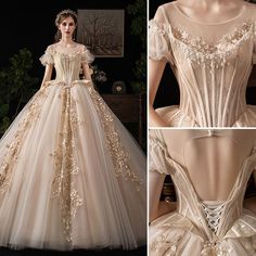 Luxury / Gorgeous Victorian Style Vintage / Retro Champagne Wedding Dresses 2019 Ball Gown Scoop Neck Beading Lace Flower Short Sleeve Backless Royal Train Retro Champagne, Victorian Dress Gown, Champagne Wedding Dresses, Royal Train, Wedding Dress Champagne, Champagne Wedding, Lace Flower, Fantasy Dress, Historical Dresses