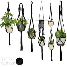 several hanging planters with plants in them, one is white and the other is black