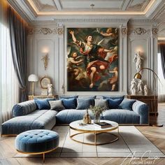 a living room with blue couches and paintings on the wall