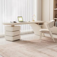 a white desk with a laptop on it in front of a bookshelf and window