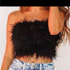 Fury Fluffy Crop Top Black Feathered Party Top, Chic Black Top With Feather Trim, Trendy Feather Trim Tops For Spring, Trendy Fitted Top With Feather Trim, Trendy Fitted Tops With Feather Trim, Fluffy Crop Top, Hazel Boutique, Cold Shoulder Crop Top, Button Crop Top