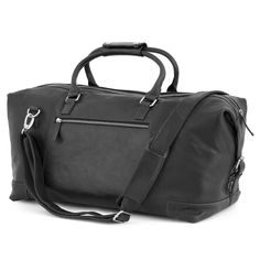 a black leather duffel bag on a white background