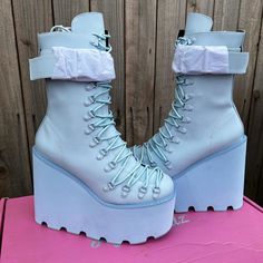 Brand New In Box. Never Worn Or Tried On. Blue Platform Boots For Party, Blue High-top Platform Boots, Blue Lace-up Boots With Reinforced Heel, Blue Ankle-high Platform Boots, Blue Platform Boots For Spring, Light Blue Round Toe Boots For Spring, Rave Boots, Pastel Shoes, Yru Shoes