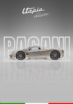 a silver sports car is shown in front of a italian flag and the words piani