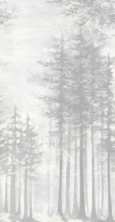 a painting of trees in the snow with white and gray tones, on a light grey background